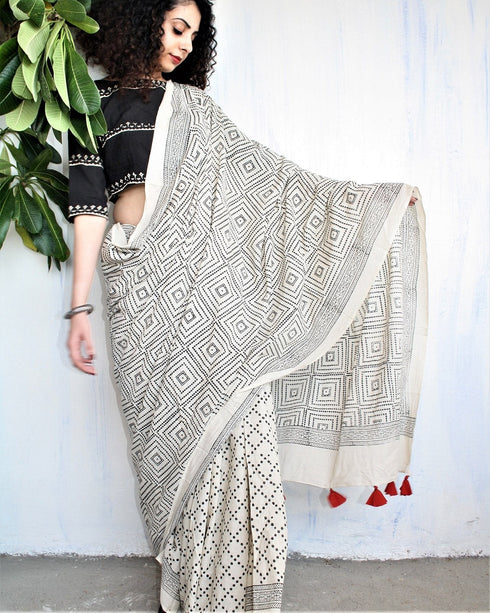Ivory Black Hand Block Printed Cotton Mul Saree